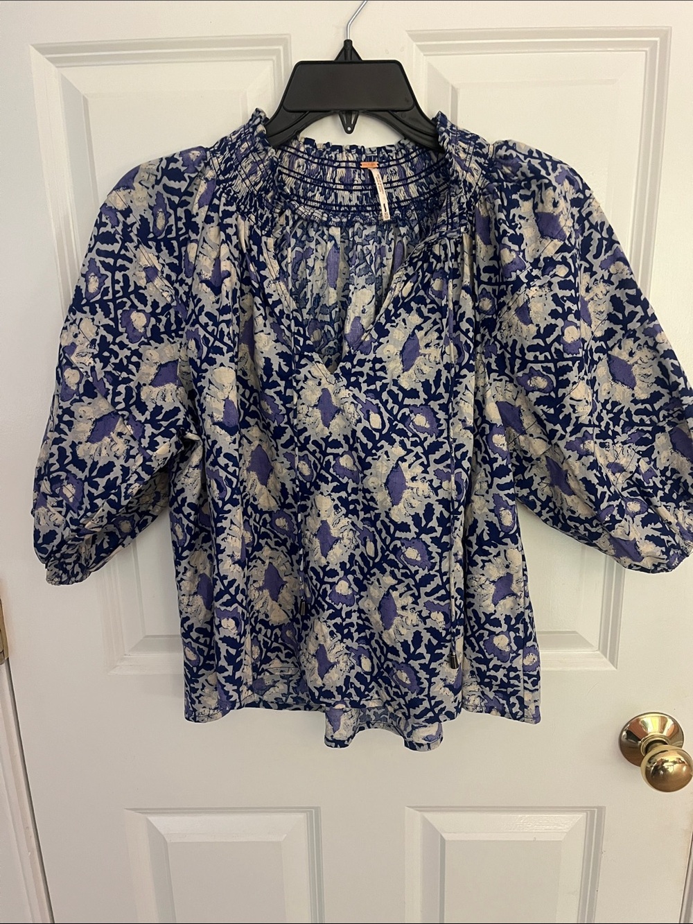 Free People Blue and Cream Floral Smocked Peasant Top - Picture 1 of 3